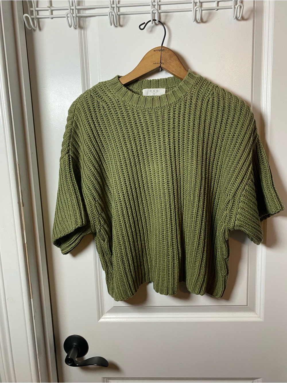 One Grey Day OGD Olive Green Ribbed Knit Women's Short Sleeve Sweater